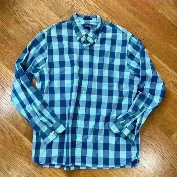 Lands' End Men's Size XL Button Down Blue Buffalo Check Oxford Shirt - Picture 2 of 5